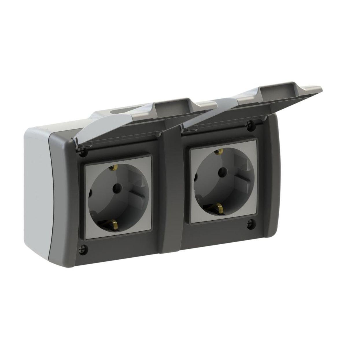 Розетка с заземлением двойная с крышкой Mono Electric Octans IP54 16А 250В бело-серый 154-020007-120