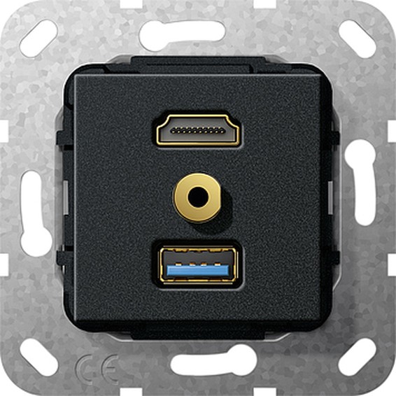 Розетка HDMI+USB+mini-jack Gira SYSTEM 55, скрытый монтаж, черный, 568110