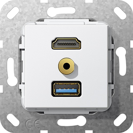 Розетка HDMI+USB+mini-jack Gira SYSTEM 55, скрытый монтаж, белый, 568003